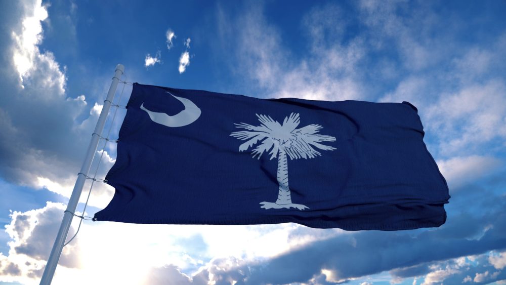 South Carolina flag on a flagpole waving in the wind, blue sky background.