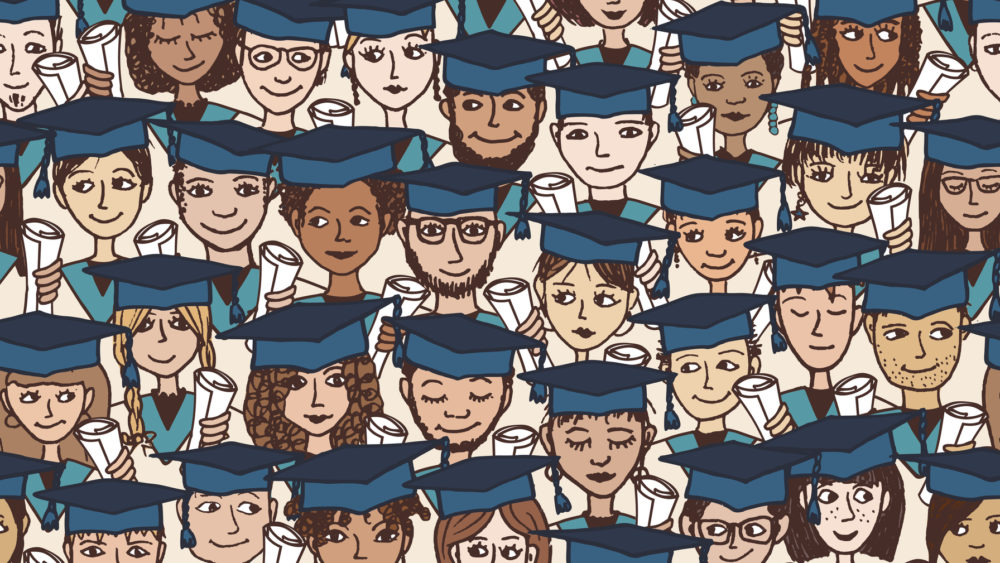 Hand drawn seamless pattern of a group of cartoon students with graduation caps and their degree in their hands