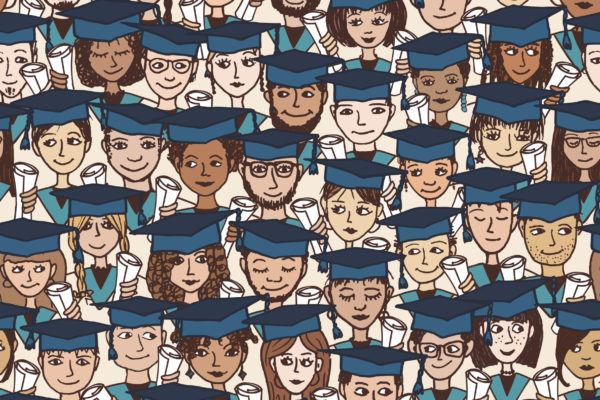 Hand drawn seamless pattern of a group of cartoon students with graduation caps and their degree in their hands