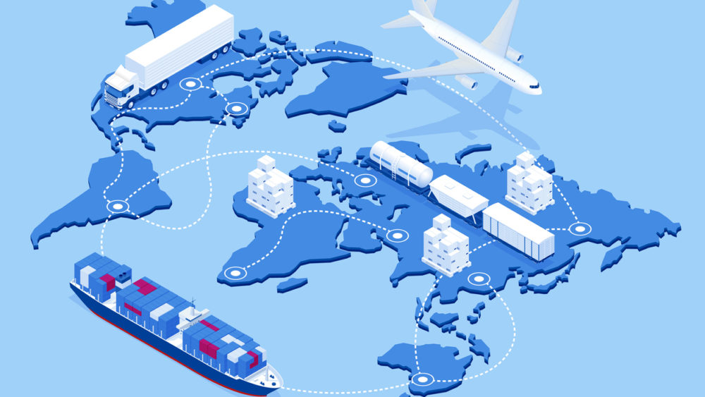 Global logistics network isometric illustration Icons set of air cargo trucking rail transportation maritime shipping On-time delivery Vehicles designed to carry large numbers of cargo