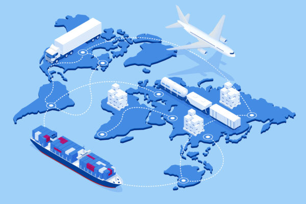 Global logistics network isometric illustration Icons set of air cargo trucking rail transportation maritime shipping On-time delivery Vehicles designed to carry large numbers of cargo