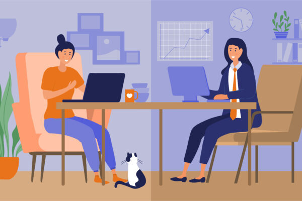 Hybrid work place. Freelancer versus office worker, remote worker and modern technology. Manager and housewife, girl indoor. Comfortable workplace, home or office. Cartoon flat vector illustration