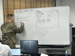 Student in army uniform writing on whiteboard