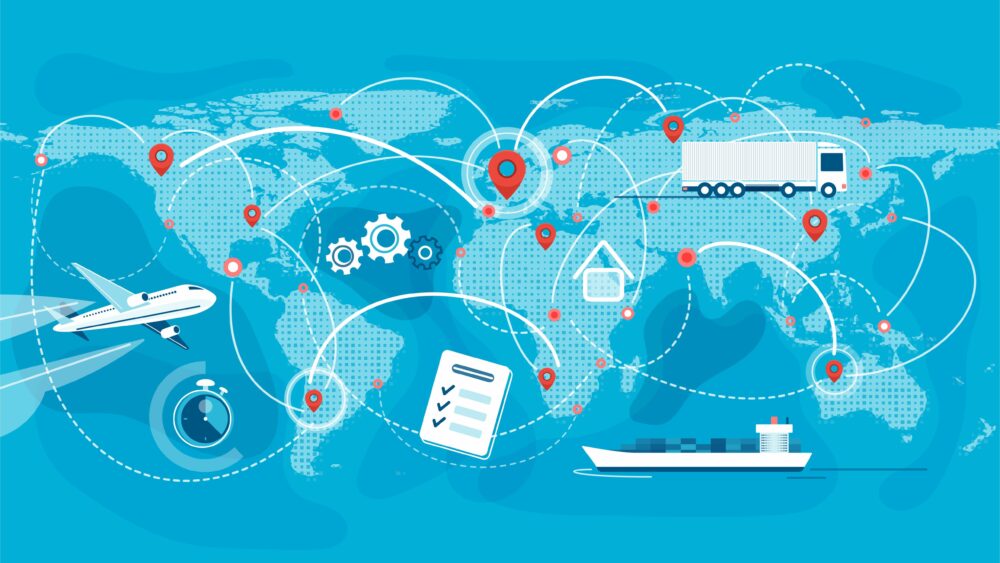 Shipping, logistic supply chain vector illustration. Export, import concept background with global earth map, pointers and connections. Plane, truck, cargo boat delivery symbols.