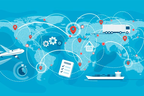 Shipping, logistic supply chain vector illustration. Export, import concept background with global earth map, pointers and connections. Plane, truck, cargo boat delivery symbols.